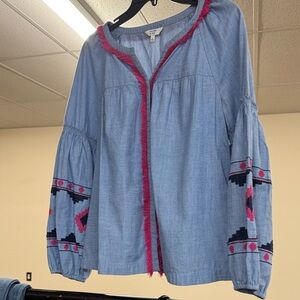 crown & ivy Blue Blouse with Pink Accents